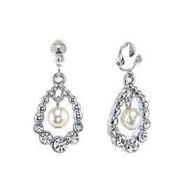 1928 Silver-Tone Simulated Pearl & Crystal Clip On Earrings