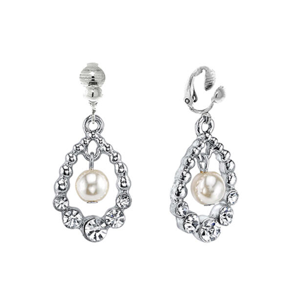 1928 Silver-Tone Simulated Pearl & Crystal Clip On Earrings - image 