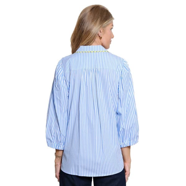 Womens Ali Miles 3/4 Puff Sleeve Scallop Trim Stripe Blouse