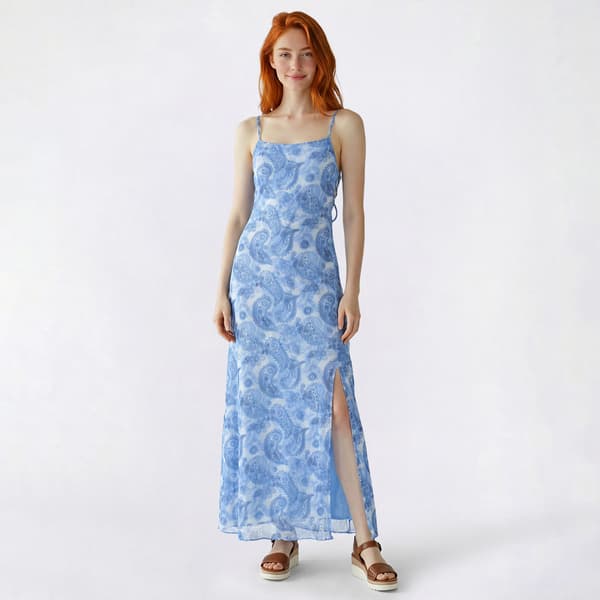 Juniors No Comment Mesh Lace Up Back Maxi Dress w/ Slit - Blue