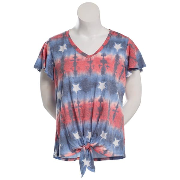 Plus Size Tru Self Flutter Sleeve V-Neck Stars Tie Hem Blouse - image 
