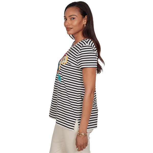 Womens Ruby Rd. Tropical Noir Short Sleeve Toucan Stripe Tee