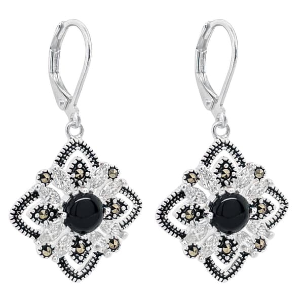 Marsala Fine Silver Plated Marcasite/Onyx/White Topaz Earrings - image 