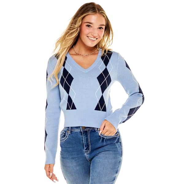Juniors No Comment V-Neck Argyle Sweater - image 