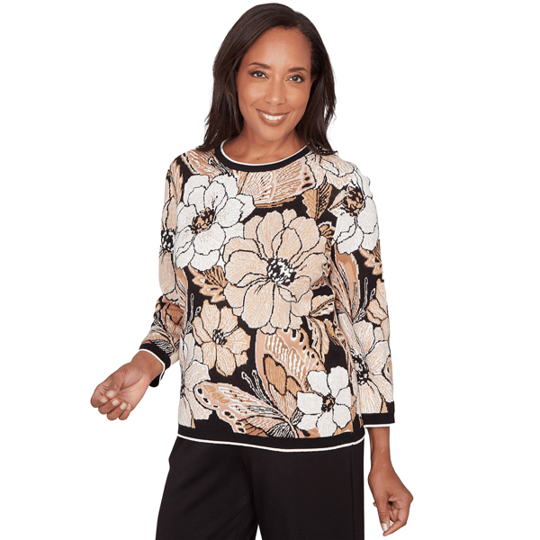 Petite Alfred Dunner Seville Jacquard Floral Butterfly Sweater