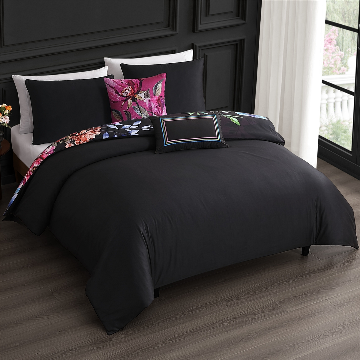 Bebejan Black Night Poppies 5pc. Reversible Comforter Set