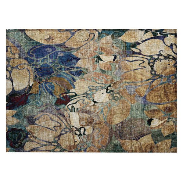 HomeRoots Beige & Blue Abstract Washable Indoor Outdoor Accent R