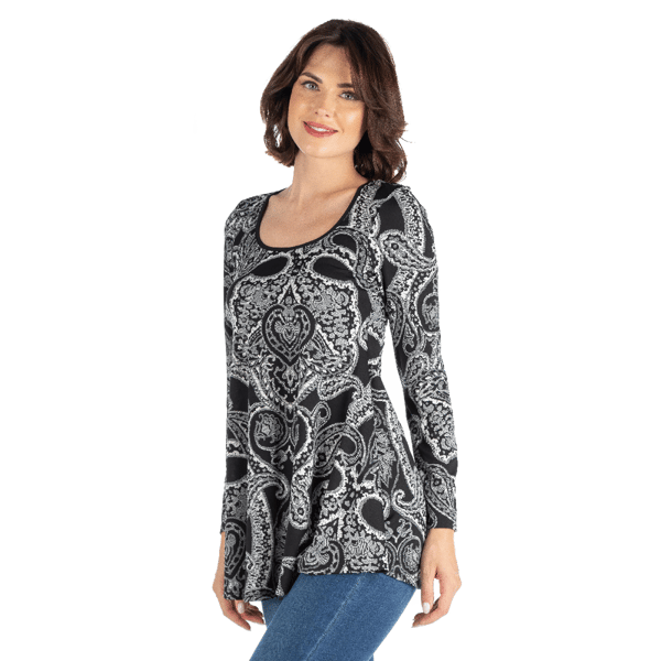 Womens 24/7 Comfort Apparel Black Paisley Long Sleeve Tunic Top