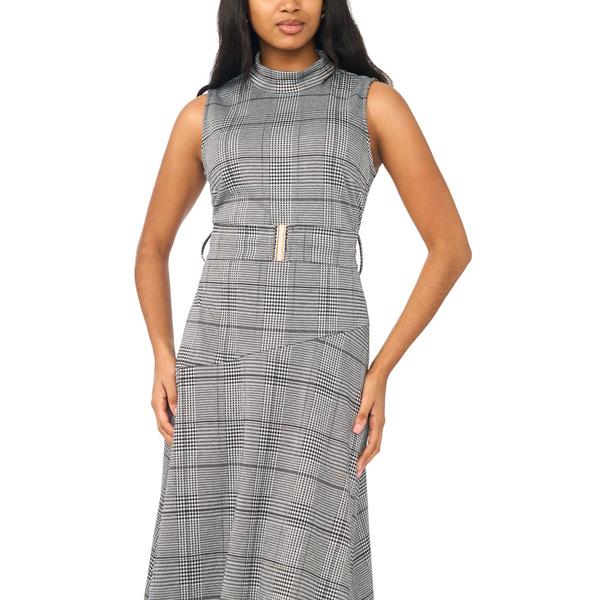 Womens MSK Sleeveless Mock Neck Belted Plaid Midi Dress