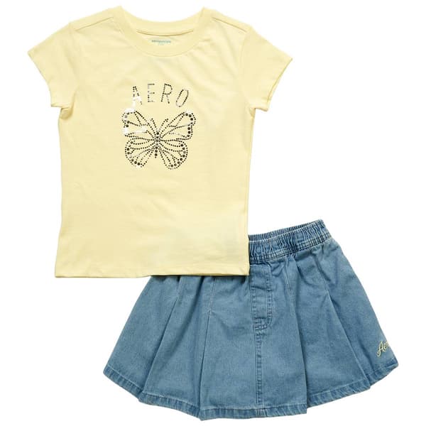 Girls (7-12) Aeropostale Foil Dots Butterfly Tee w/ Denim Skort - image 