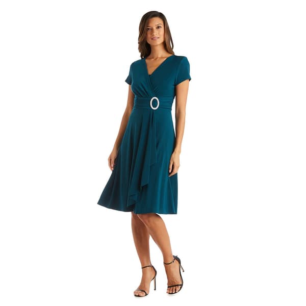 Petite R&M Richards Short Sleeve Ruched Rhinestone Trim Dress