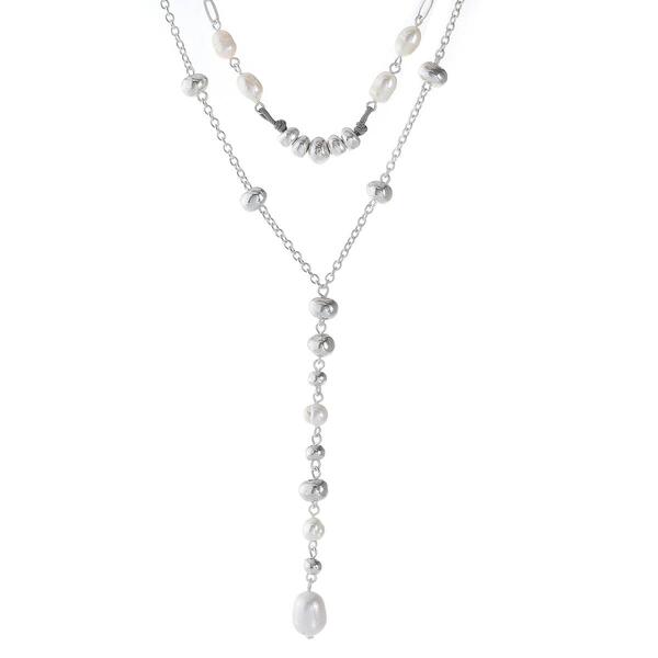 Bella Uno Worn Silver-Tone 2 Layer Y-Neck Pearl Pendant Necklace - image 
