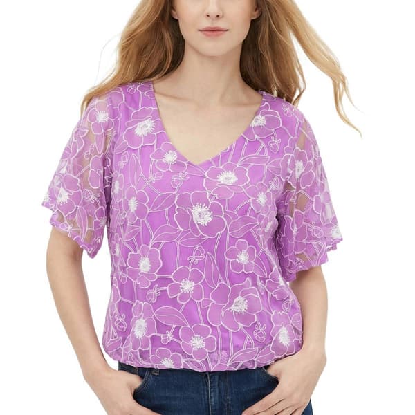 Womens NY Collection Short Sleeve Banded Hem Floral Blouse - image 