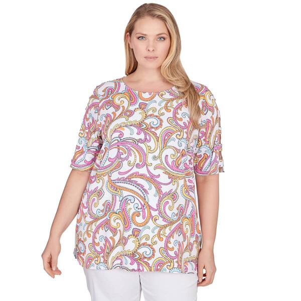 Plus Size Ruby Rd. Tropical Twist Elbow Sleeve Knit Paisley Top - image 