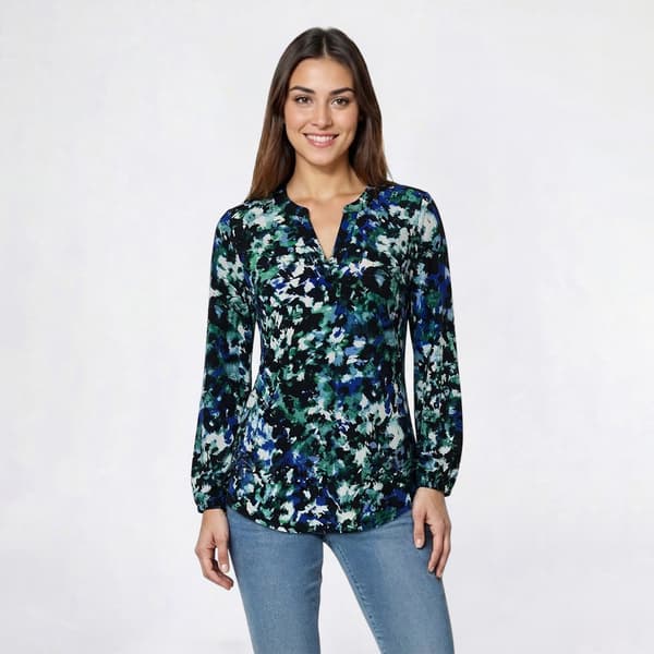 Petite Anne Klein Long Elastic Sleeve Floral Split Neck Blouse - image 
