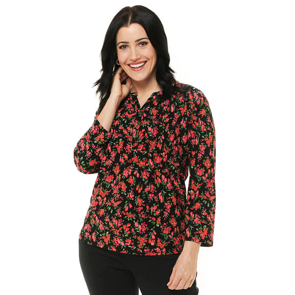 Plus Size Napa Valley 3/4 Sleeve Ditsy Floral Pleat Henley Blouse - image 