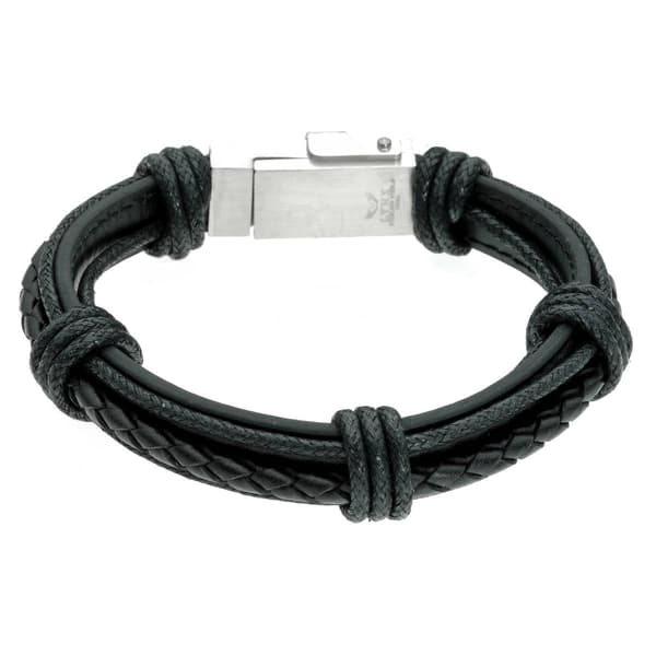 Mens Lynx Stainless Steel &amp; Black Leather USB Charger Bracelet