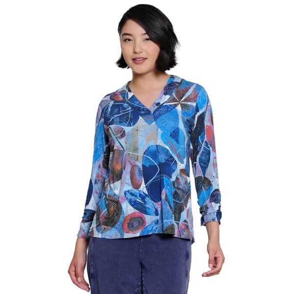 Womens Ali Miles 3/4 Sleeve V Neck Button Detail Large Leaf Top