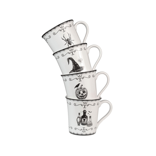 222 Fifth Elegant Haunting 4pc. White Porcelain Halloween Mug Set