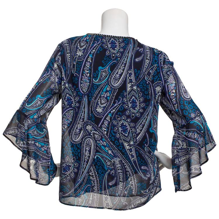 Petite Kasper 3/4 Ruffle Sleeve V-Neck Paisley Blouse