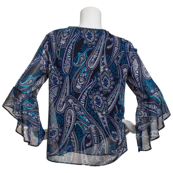 Womens Kasper 3/4 Ruffle Sleeve V-Neck Paisley Blouse