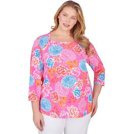 Plus Size Ruby Rd. Bright Blooms 3/4 Sleeve Japanese Blouse