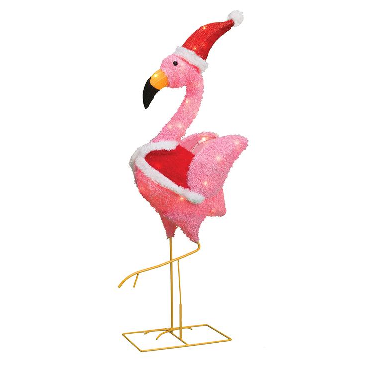 Holiday Pre-Lit Flamingo with Santa Hat Decoration