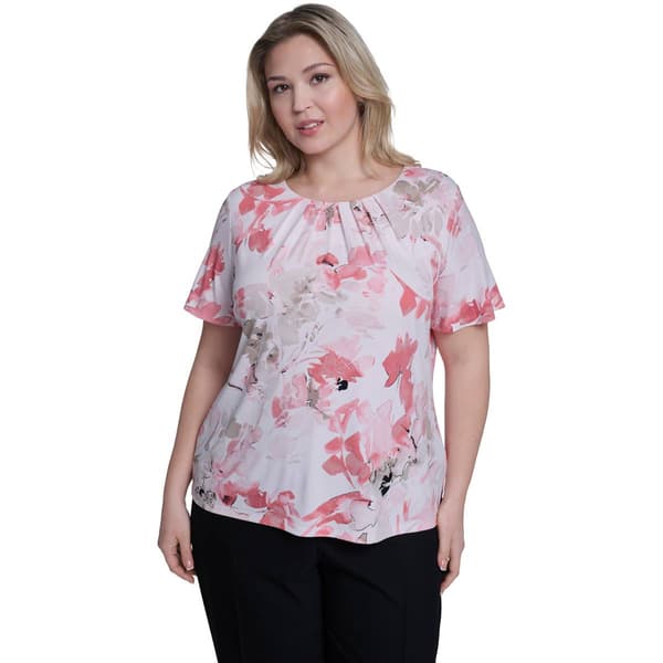 Plus Size Calvin Klein Short Sleeve Pleat Neck Floral Blouse - image 