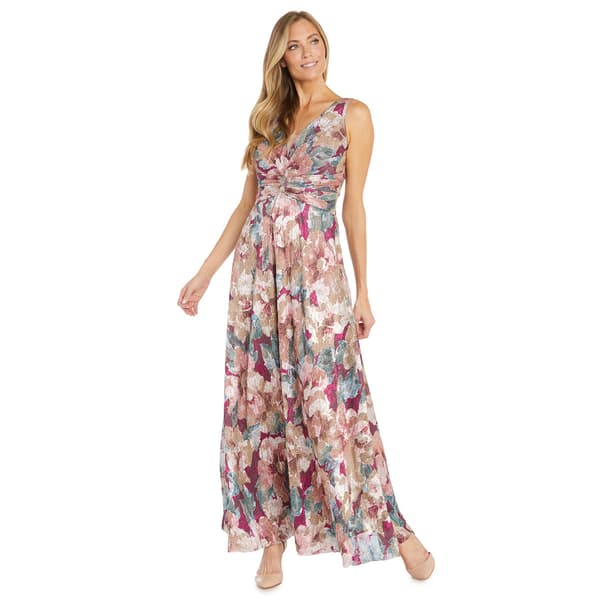 Womens R&M Richards Metalllic Floral V-Neck A-Line Maxi Dress - image 