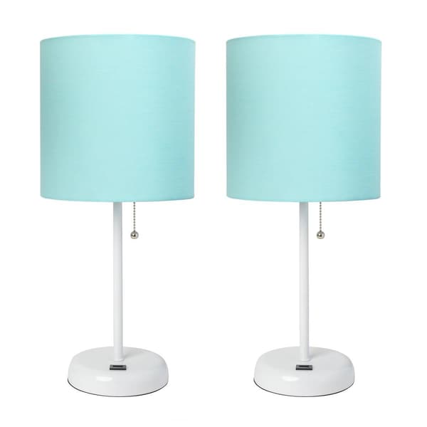 LimeLights White Stick Lamp w/USB Charge Port/Aqua Shade-Set of 2