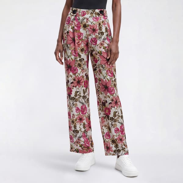 Petite Robert Louis Button Tab Waist Floral Silky Wide Leg Pants - image 