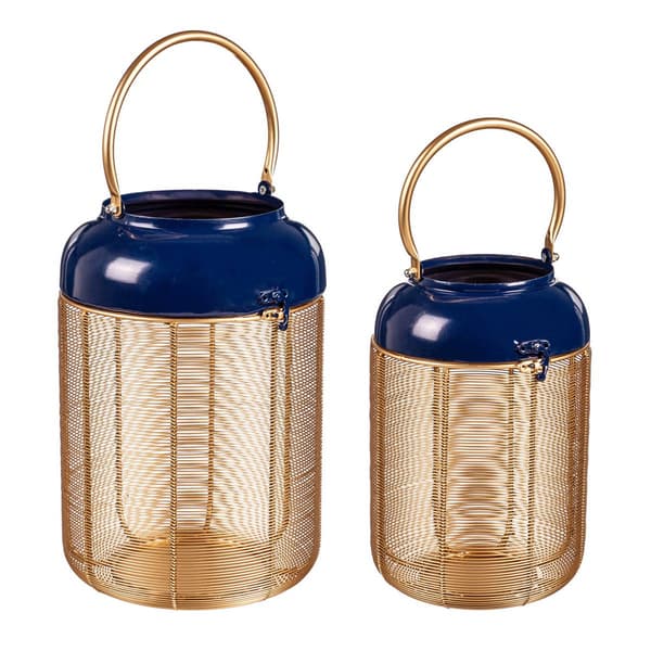 Evergreen Metal Blue & Gold Lantern w/Handle - Set of 2 - image 
