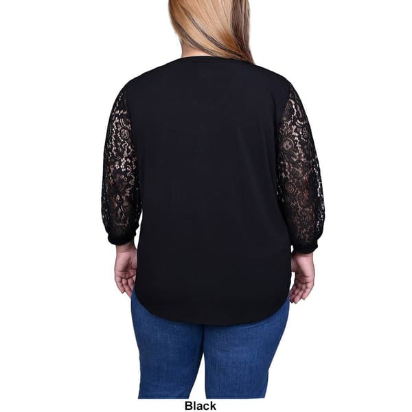 Plus Size NY Collection Lace Sleeve Solid Pleat Front Henley
