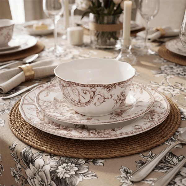 222 Fifth Adelaide Brown on White Porcelain 12pc. Dinnerware Set