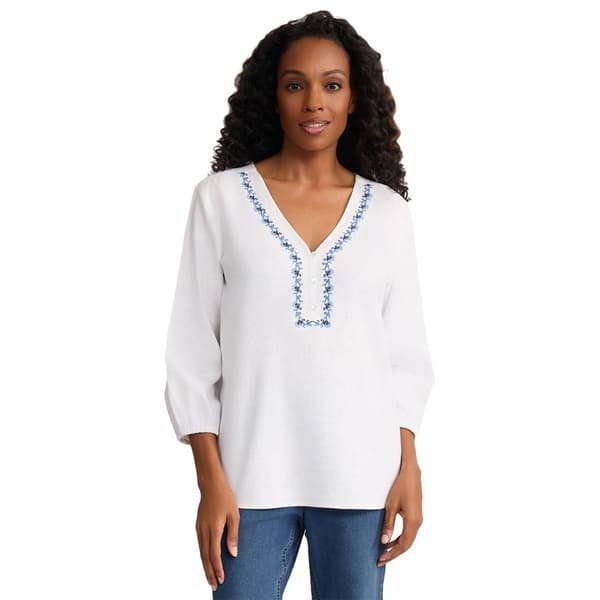 Petite Jones New York 3/4 Sleeve Embroidered Trim Linen Blouse