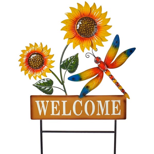 Dragonfly Sunflower Welcome Metal Garden Stake - image 