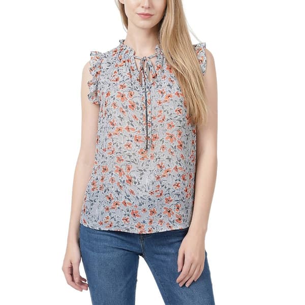 Petite NY Collection Flutter Sleeve Print Chiffon Tie Neck Blouse - image 
