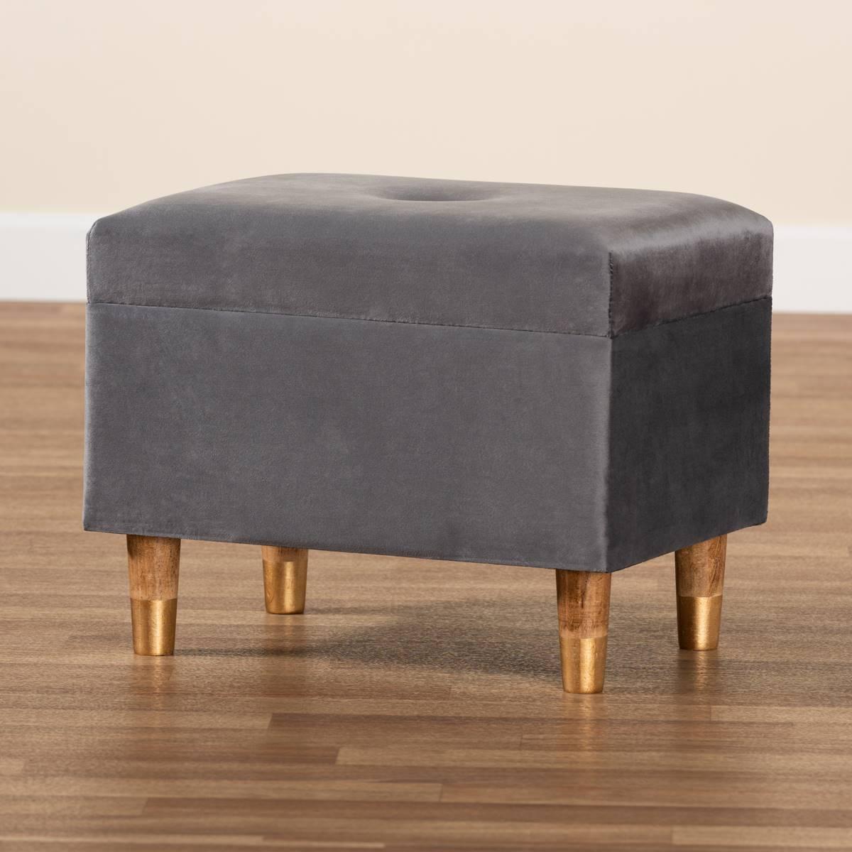 Baxton Studio Elias Grey Velvet Fabric & Wood Storage Ottoman