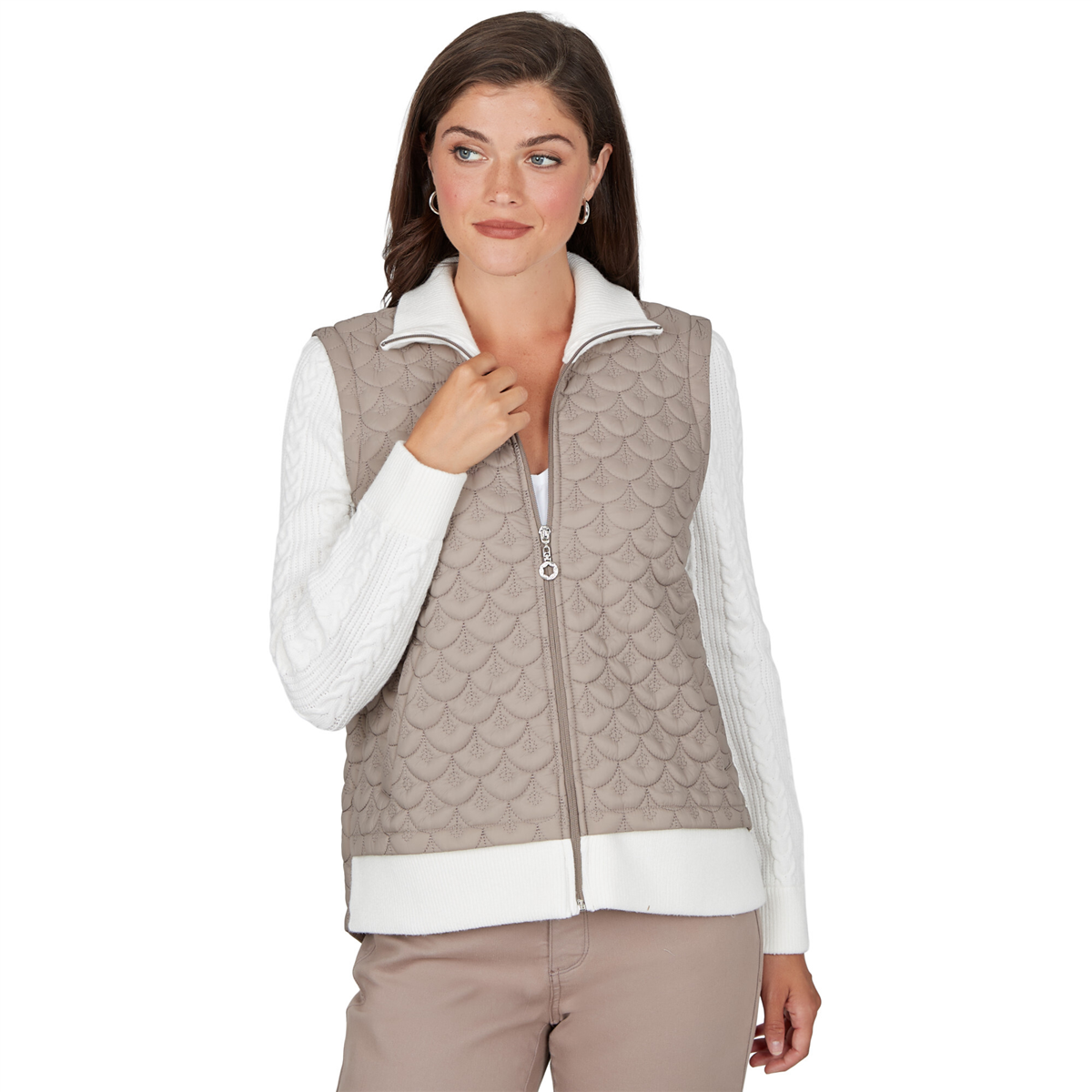 Petite Ruby Rd. Mythical Cable Knit Sleeve Quilted Jacket