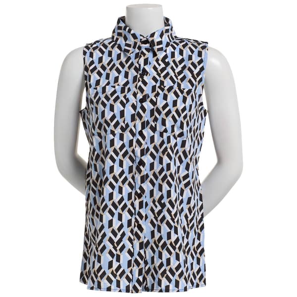 Womens Notations Sleeveless Button Front Silky Stretch Blouse - image 