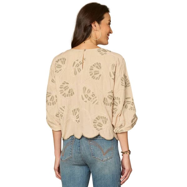 Womens Democracy Elbow Sleeve Scallop Hem Embroidery Blouse
