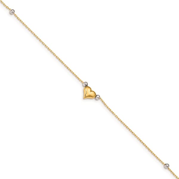 Gold Classics&#40;tm&#41; 14kt. Two-Tone Polished Puffed Heart Beaded Anklet - image 