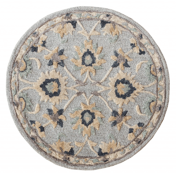 HomeRoots Beige & Blue Wool Floral Hand Woven Round Rug