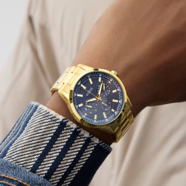 Mens Guess Gold-Tone Indigo Sunray Dial Quartz Watch - GW0963G2
