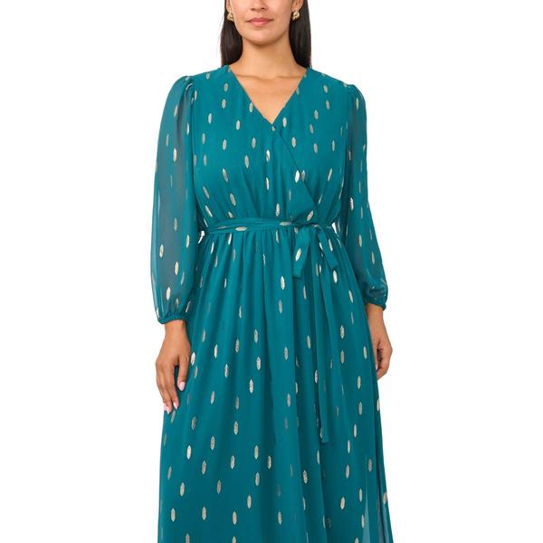 Plus Size MSK Long Sleeve Surplice Neck Chiffon Foil Midi Dress