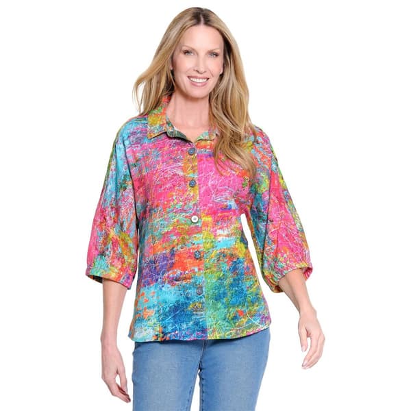 Plus Size Ali Miles 3/4 Sleeve Button Front Abstract Blouse