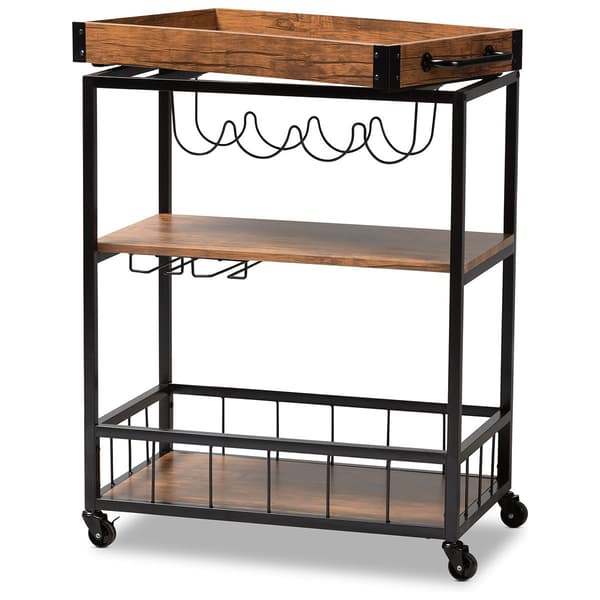 Baxton Studio Cerne Mobile Metal Bar Cart with Wine Bottle Rack