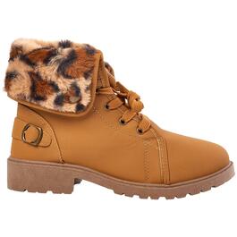 Girls Olivia Miller Combat Boots w/Leopard Fur Collars - Cognac