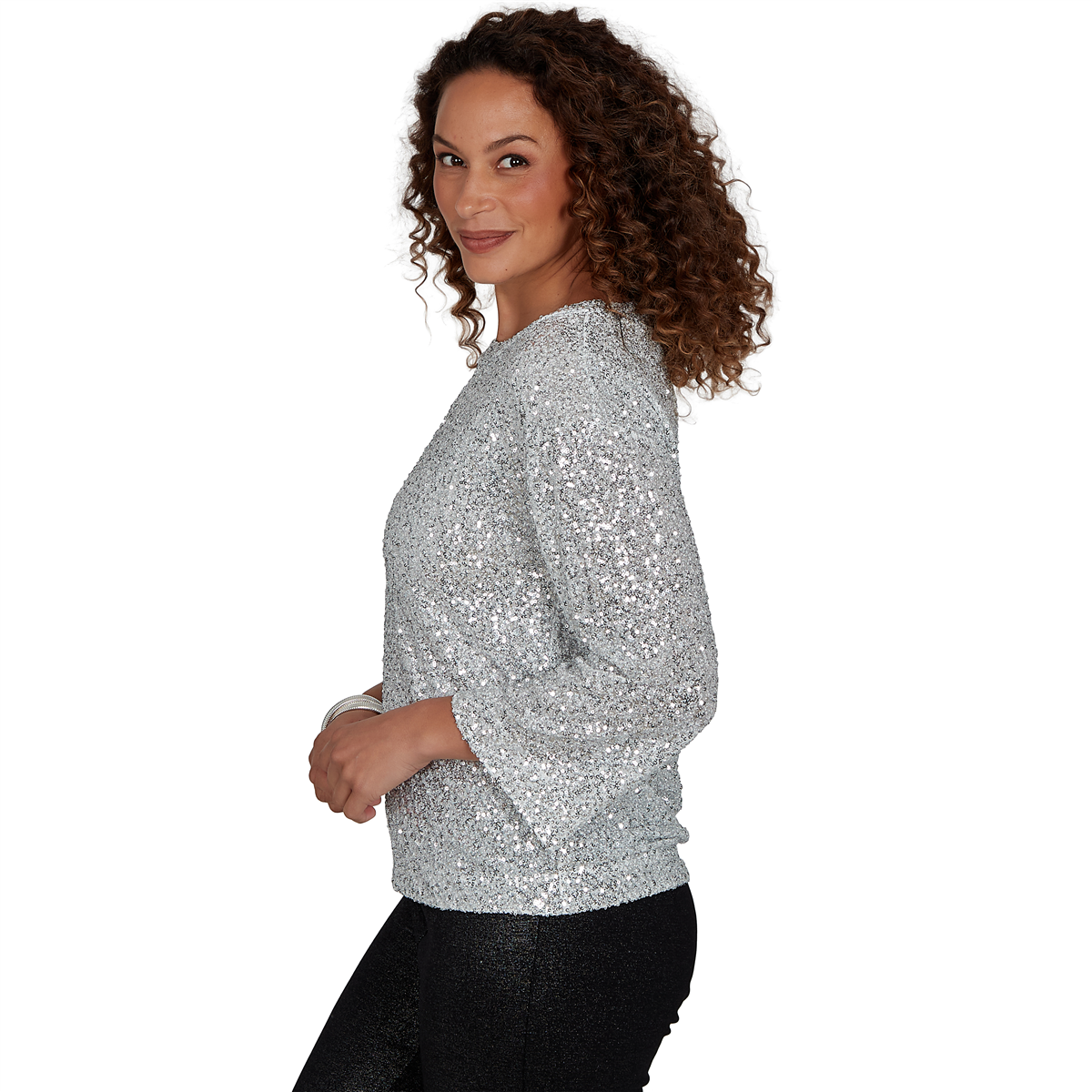 Petite Skye’s the Limit Icy Blue Sparkle Allover Sequin Blouse