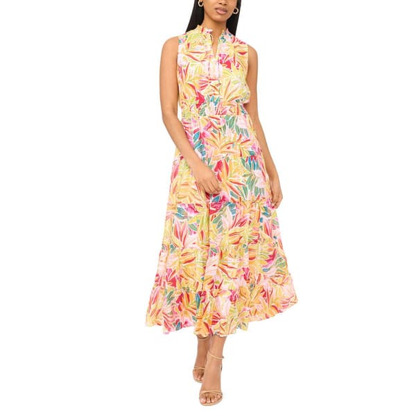 Womens MSK Sleeveless Print Tie Neck Tier Maxi